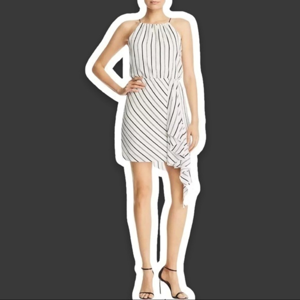 AQUA BLOOMINGDALE’S L White Gray Striped Sleeveless Party Dress